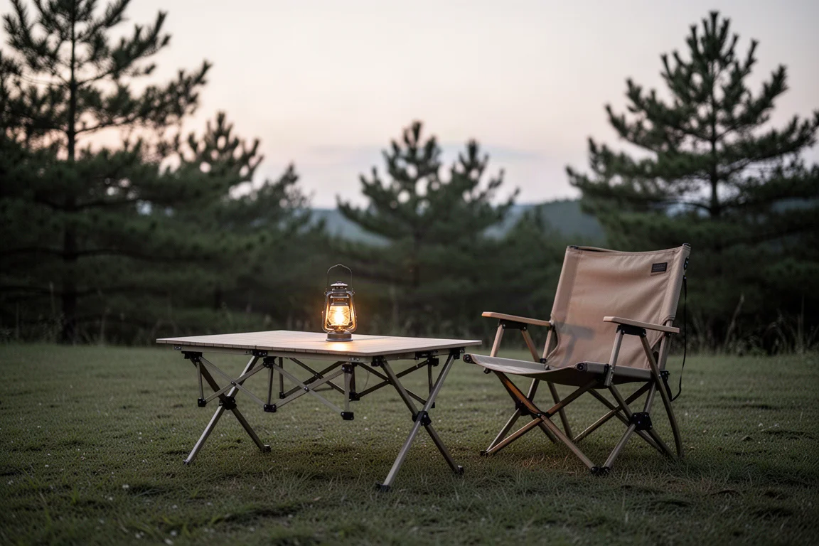 Lågt hopfällbart campingbord på gräs bredvid campstolar i gyllene timmen