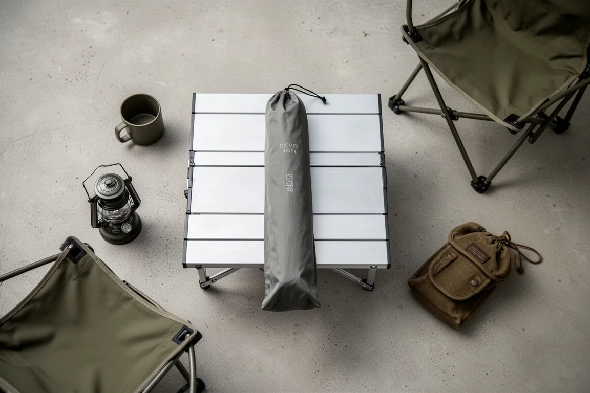 Campingplats vid sjö i solnedgång med ett lågt hopfällbart bord och lykta nära ett tält