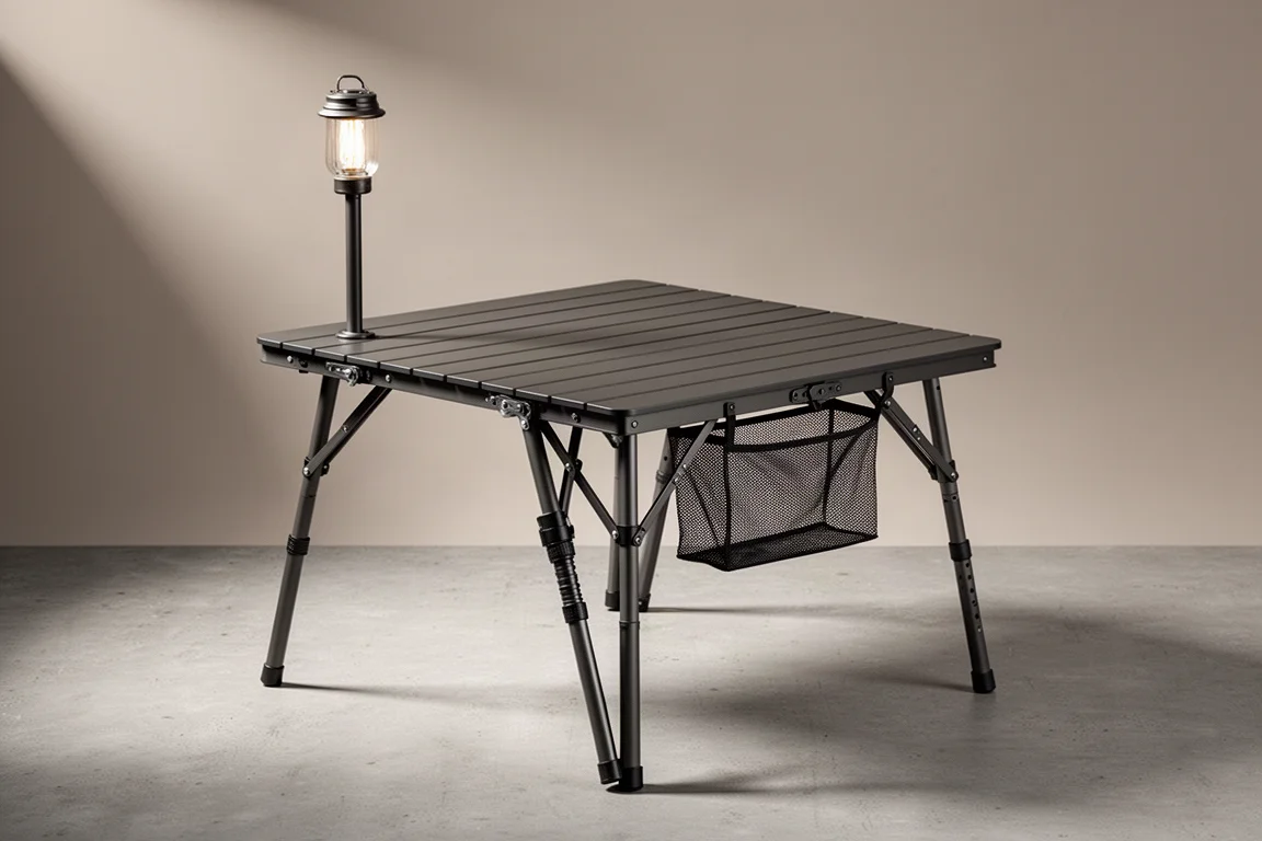 Compact folding camp table with lantern post and mesh gear caddy on a concrete surface