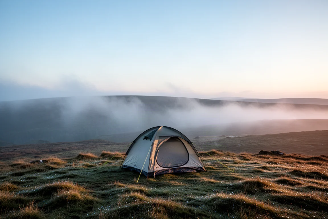 Tienda ligera para dos personas montada en solitario en una cresta de páramo herboso con niebla al amanecer