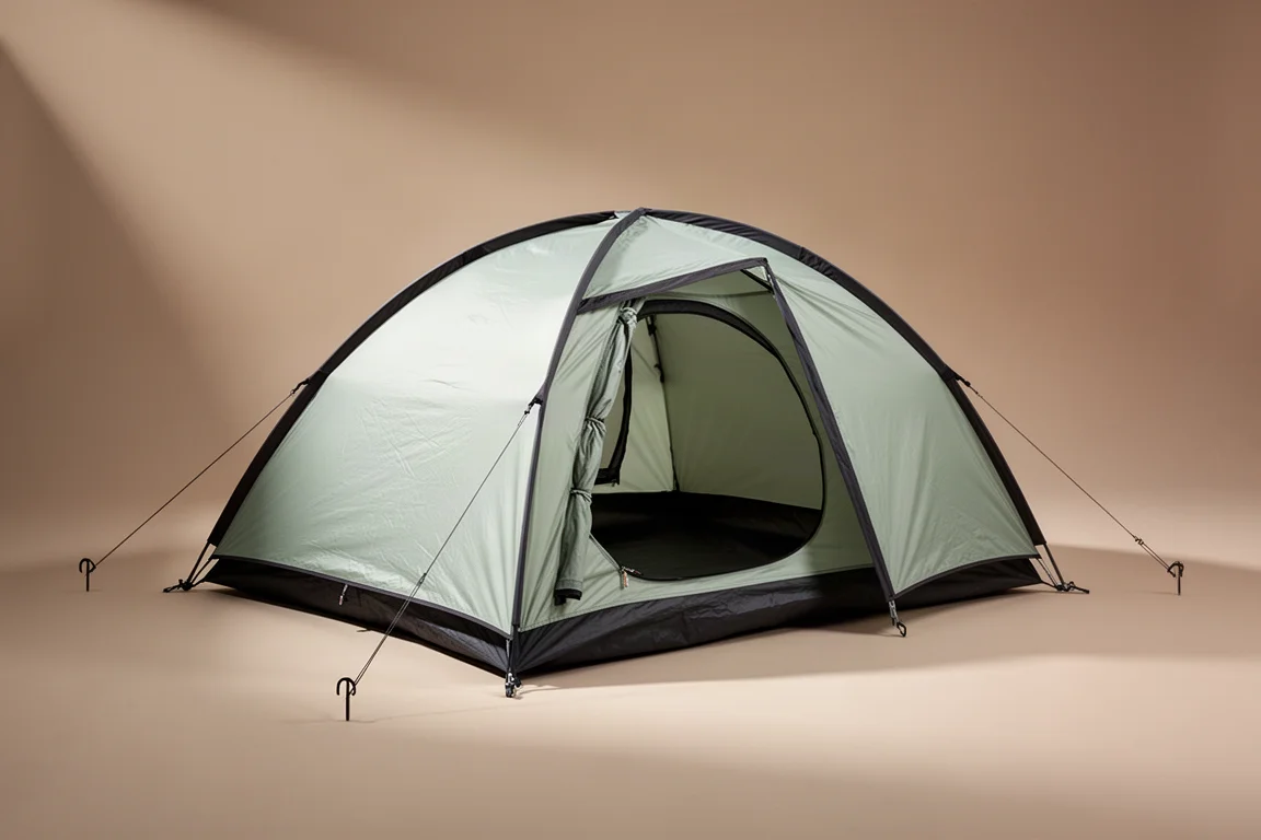 Barraca de camping leve de duas pessoas, de parede simples, montada sobre um fundo de estúdio neutro