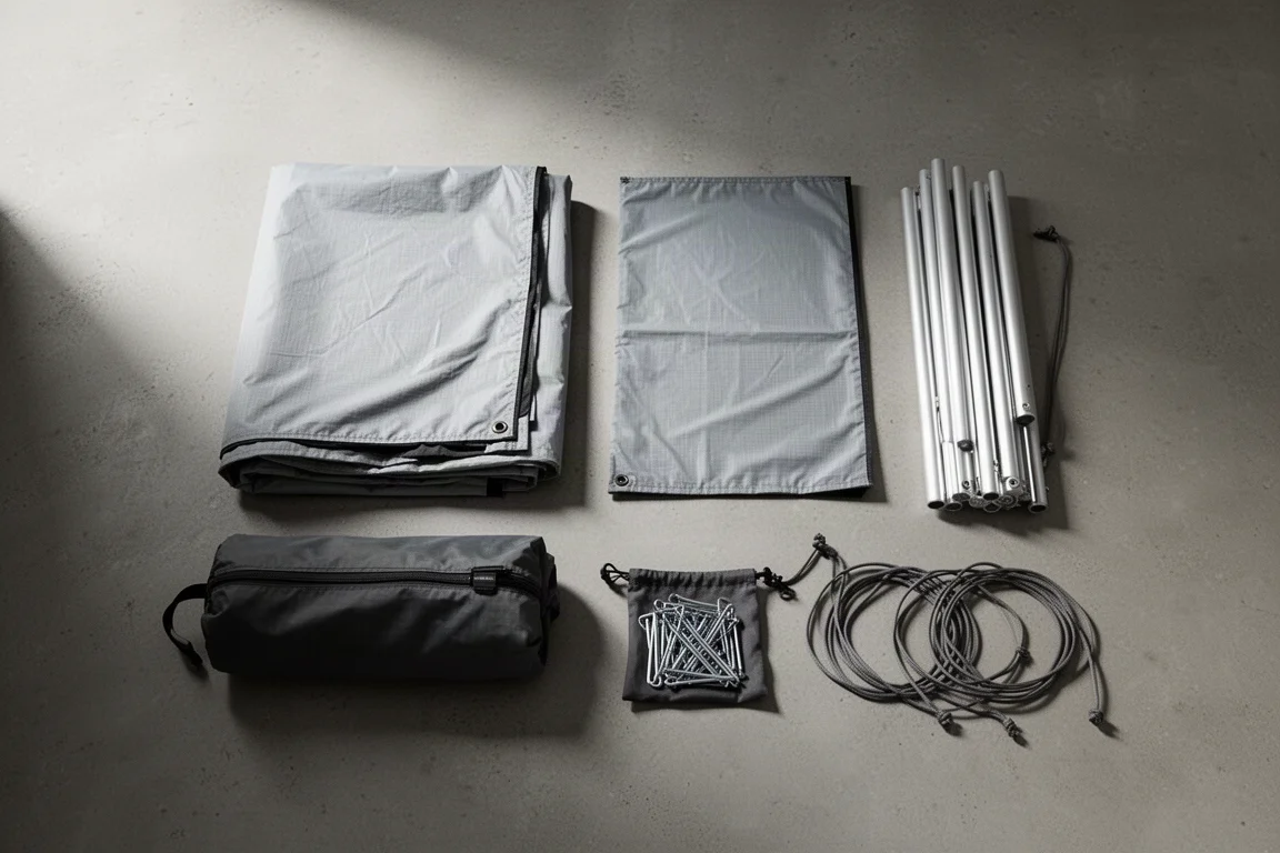 Flat lay of tent components including floor mat, poles, pegs, and guy lines on concrete