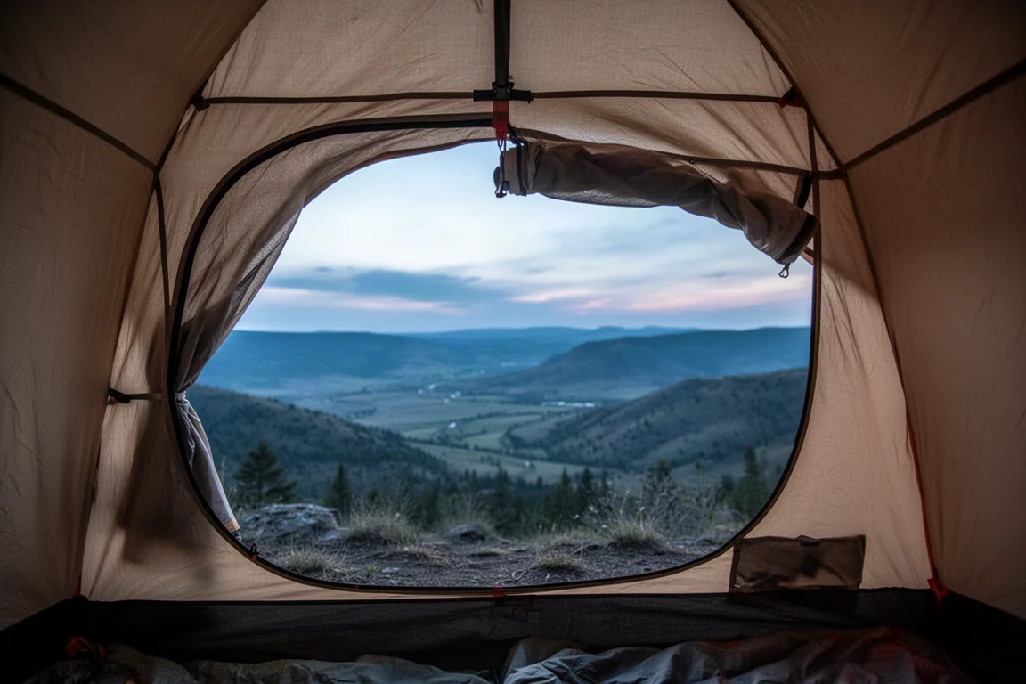 View from inside a two-person tent looking out through an open side door at dusk