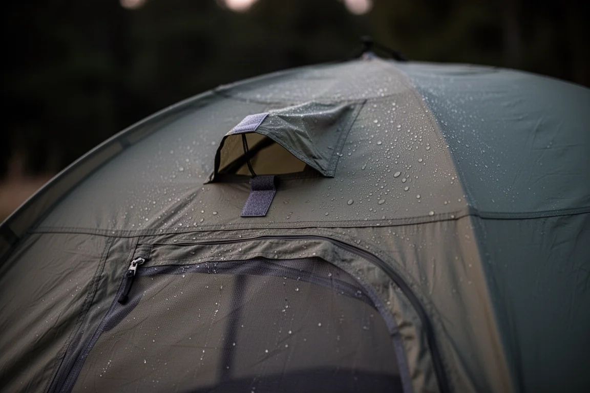 Close-up of condensation droplets on a single-skin tent roof vent at dusk