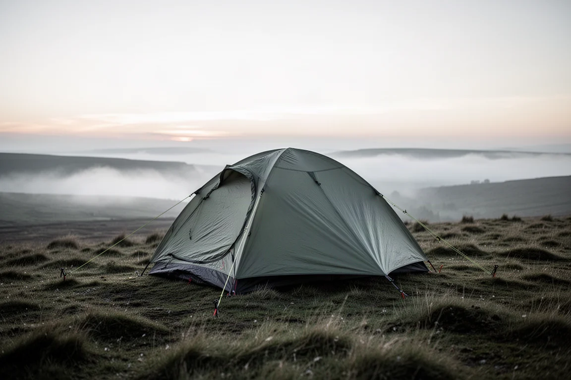 Lightweight tent pitched on an exposed moorland ridge at dawn with taut guy lines
