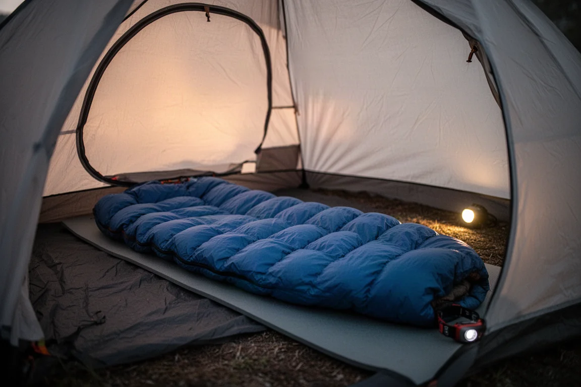 Backpacking tent interior at dusk with a blue down quilt spread flat as a blanket
