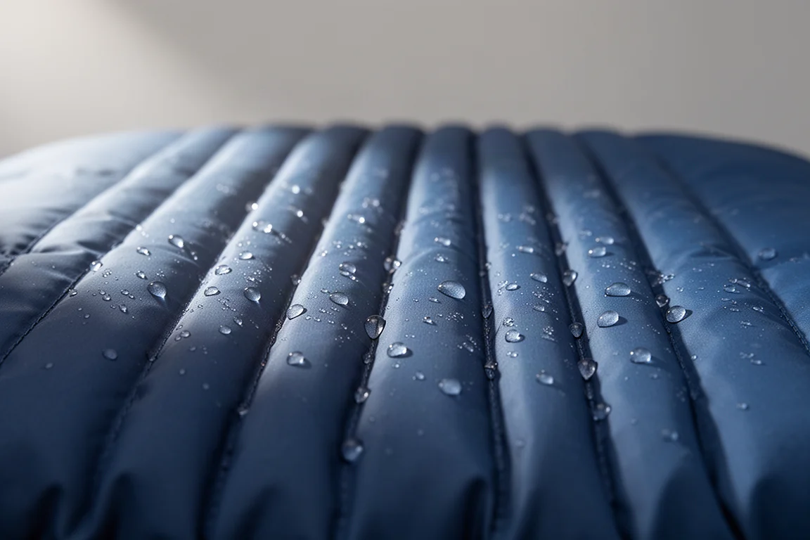 Macro view of blue quilted nylon with down baffles and water beading on the shell