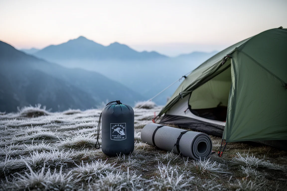 High alpine campsite at first light with frost, a packed stuff sack and a low tent