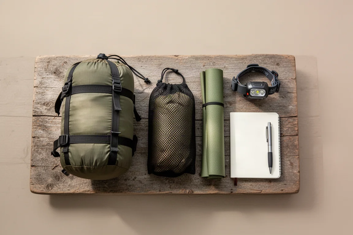 Overhead flat lay of backpacking sleep gear on weathered wood