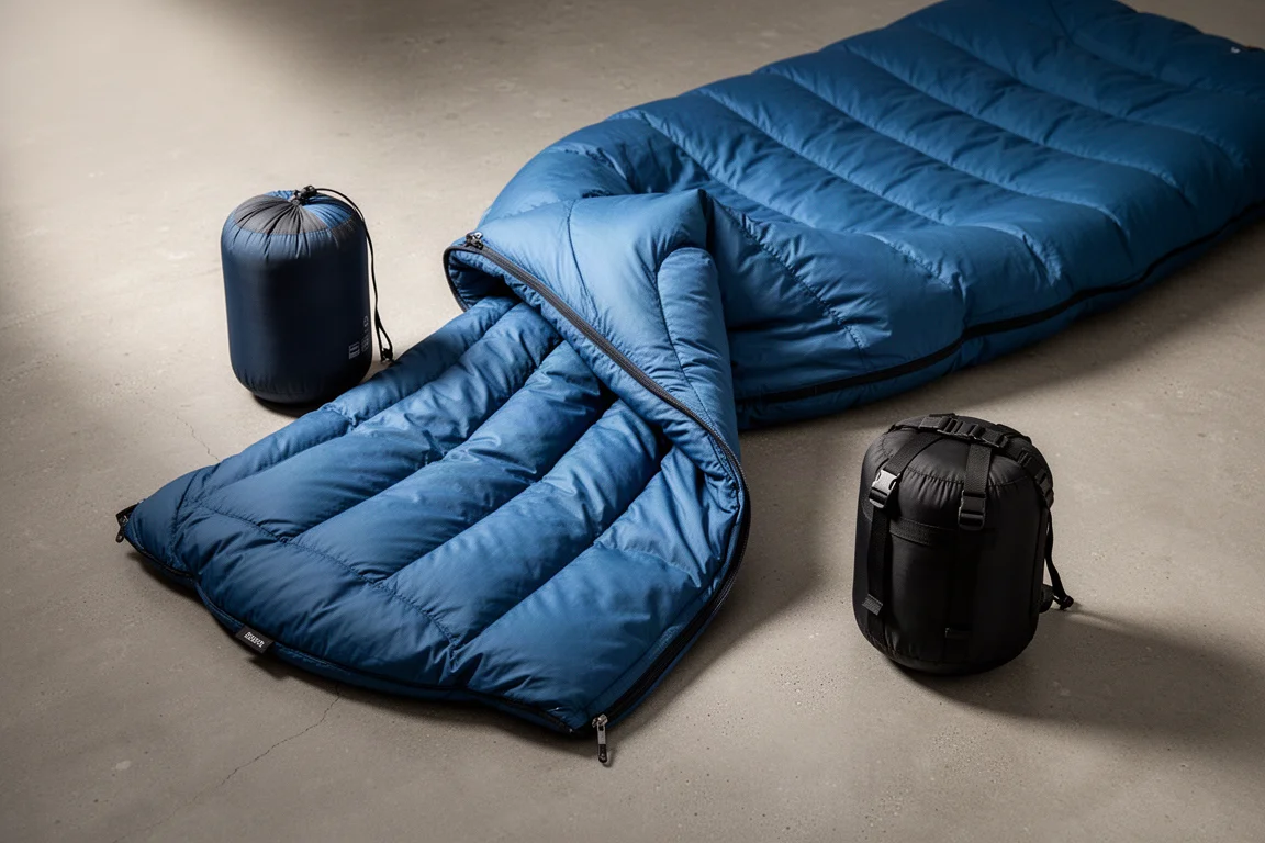 Blue down sleeping bag quilt draped on concrete beside a black compression sack
