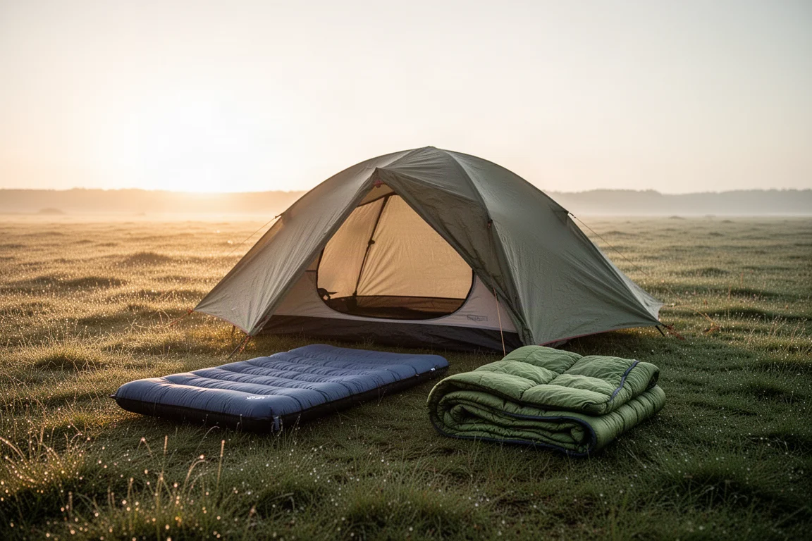 Donzen campingquilt uitgespreid over een slaapmat in een tent bij schemering
