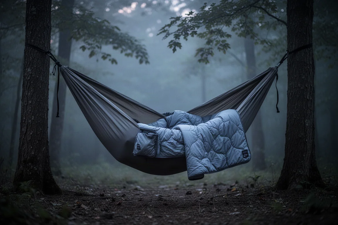 Kampeerder legt een donzen quilt over een slaapzak in koel herfstweer