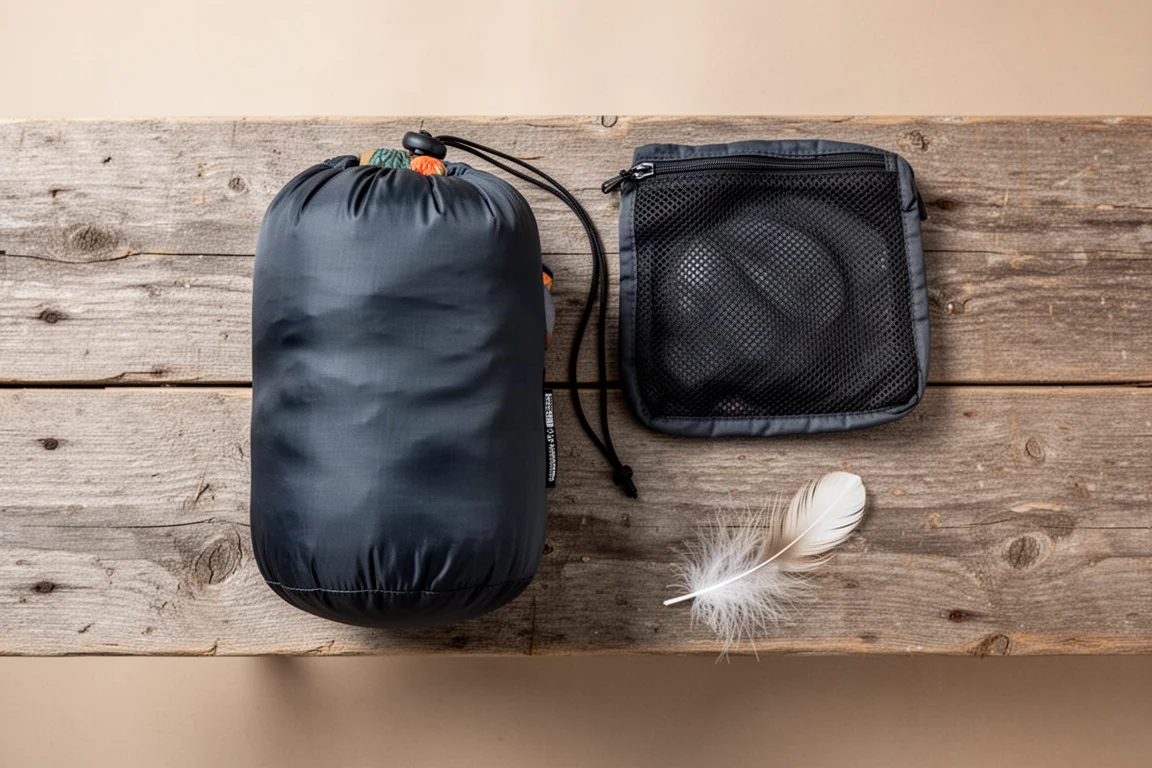 Opbergzak en mesh bewaarzak voor een donzen quilt op een houten tafel