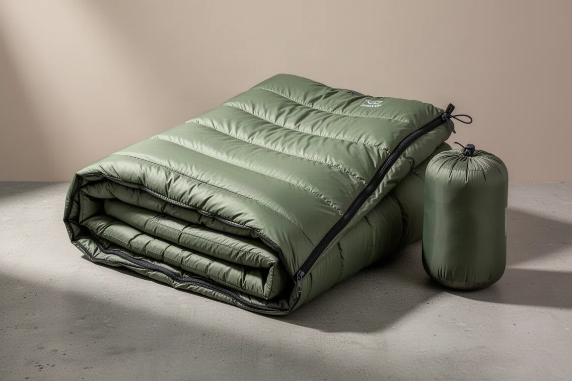 Folded green ultralight down camping quilt with zipper on a concrete surface