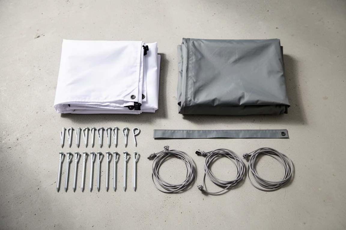 Tent fly, inner body, ground sheet, aluminium stakes and guy lines laid out on concrete