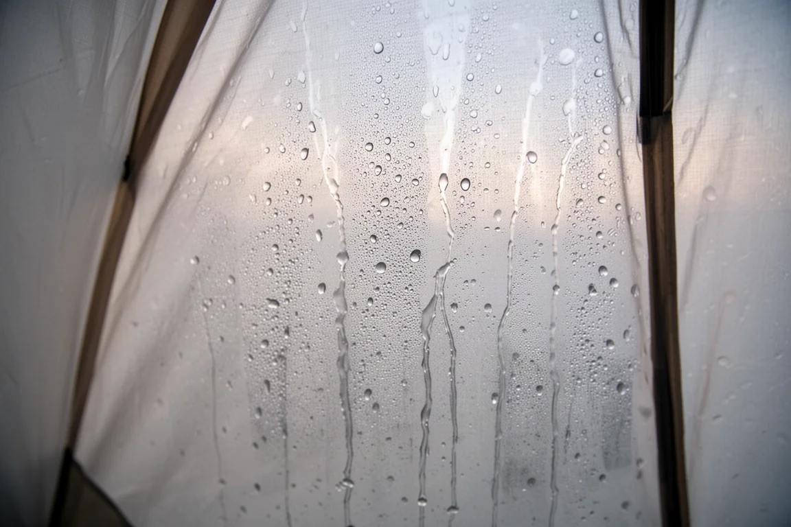 Water droplets coating the inner wall of a tent fly in cool morning light