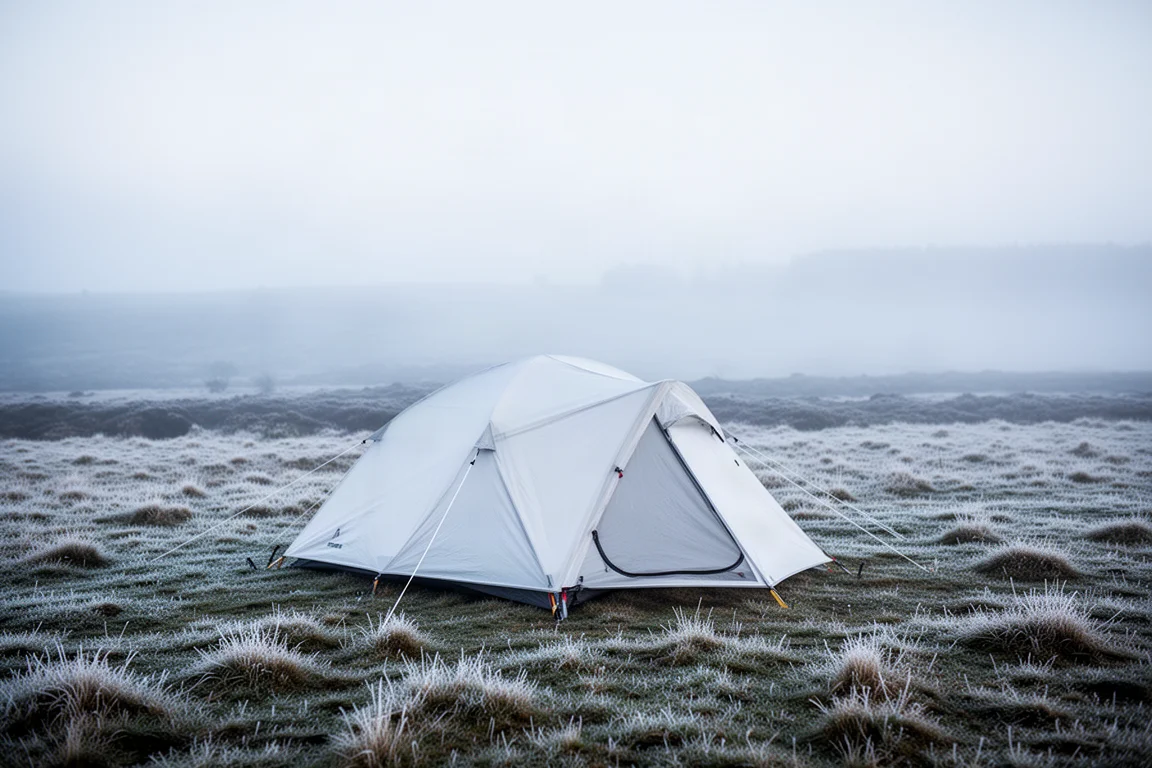 Tent pitched on open ground in cold, still air with frost on the grass