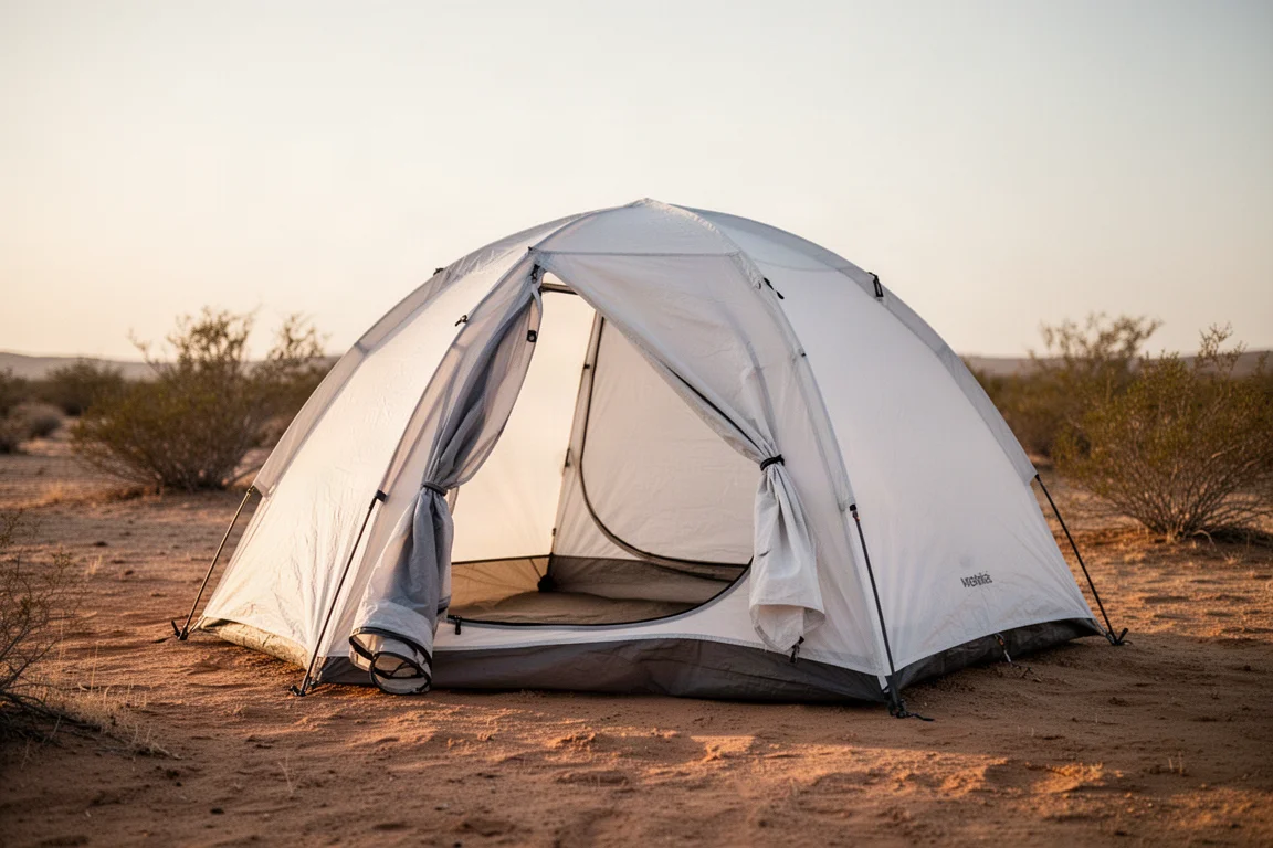 Tent pitched in a dry desert campsite at golden hour with doors open