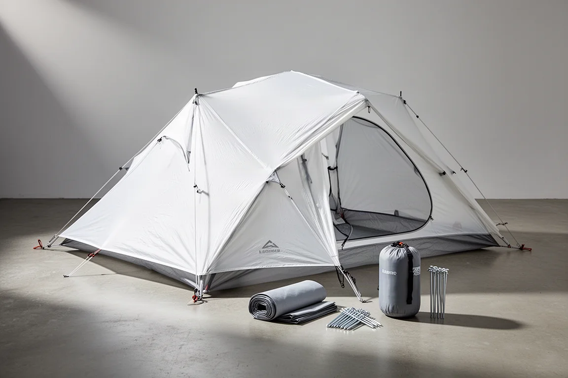White two-person backpacking tent pitched on concrete with stakes and stuff sack nearby