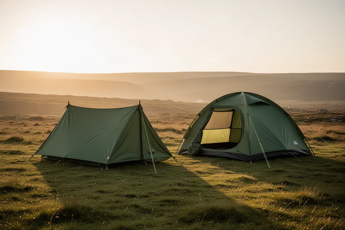 Duas barracas leves montadas lado a lado em um camping gramado na hora dourada