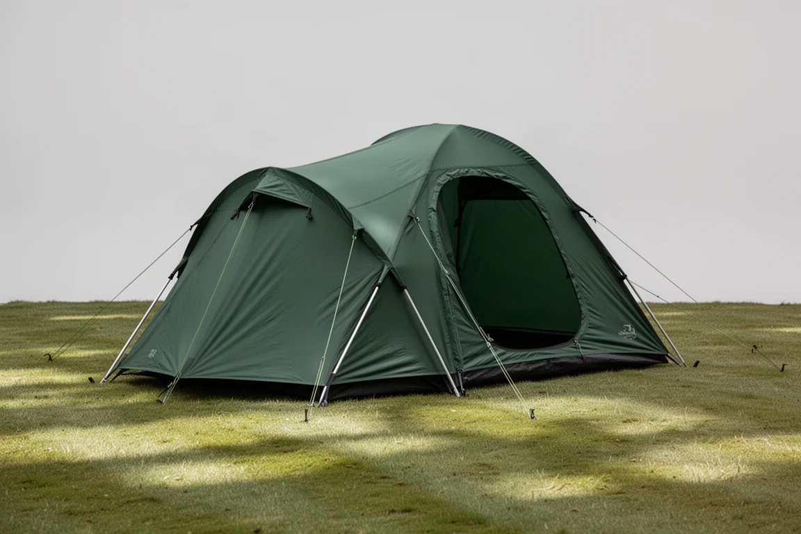 Tenda ultraleggera da due posti freestanding verde foresta montata su un prato rasato