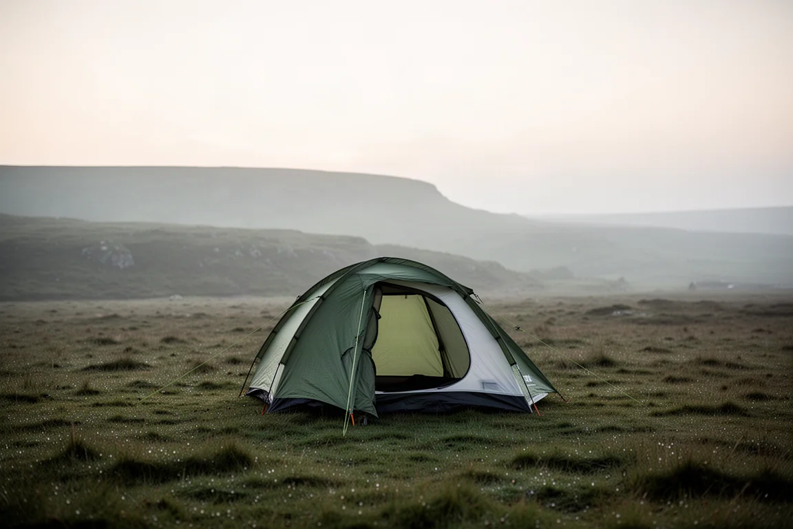 Lightweight solo tent pitched on open moorland in soft evening light