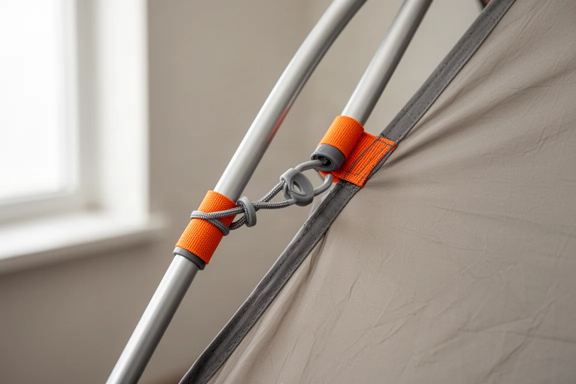 Close-up of color-coded tent pole ends and clips on lightweight fabric