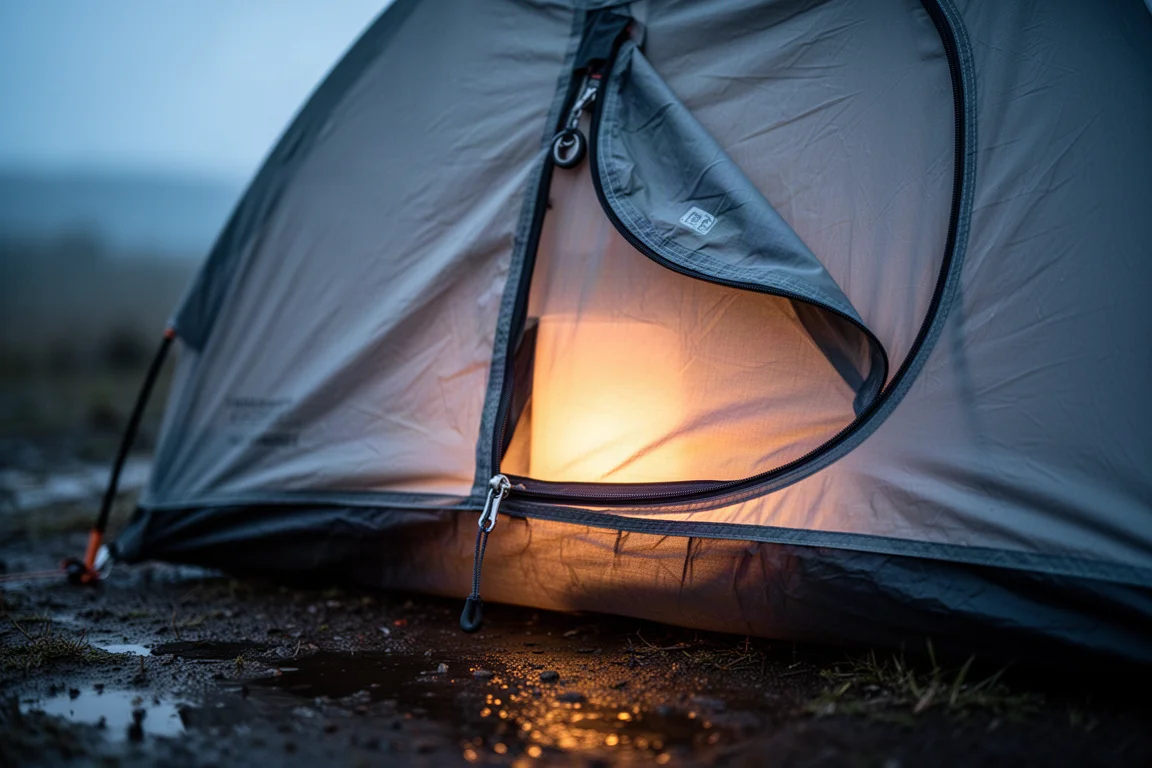 Tent door zip and magnetic flap detail at dusk with warm light inside