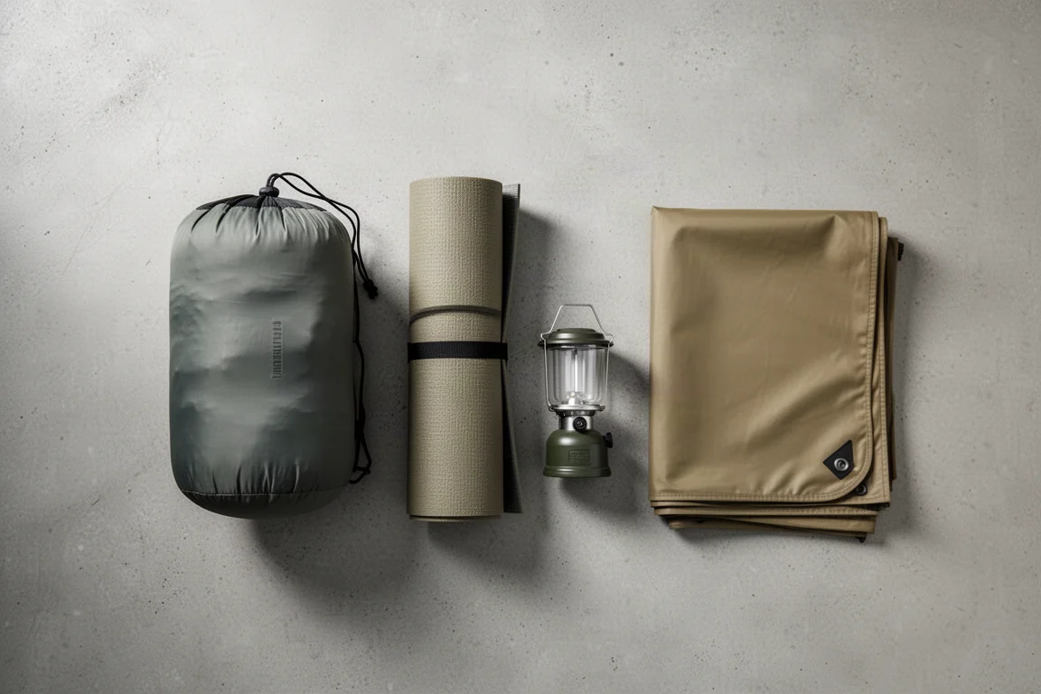 Flat-lay of solo camping kit beside a packed tent stuff sack on concrete