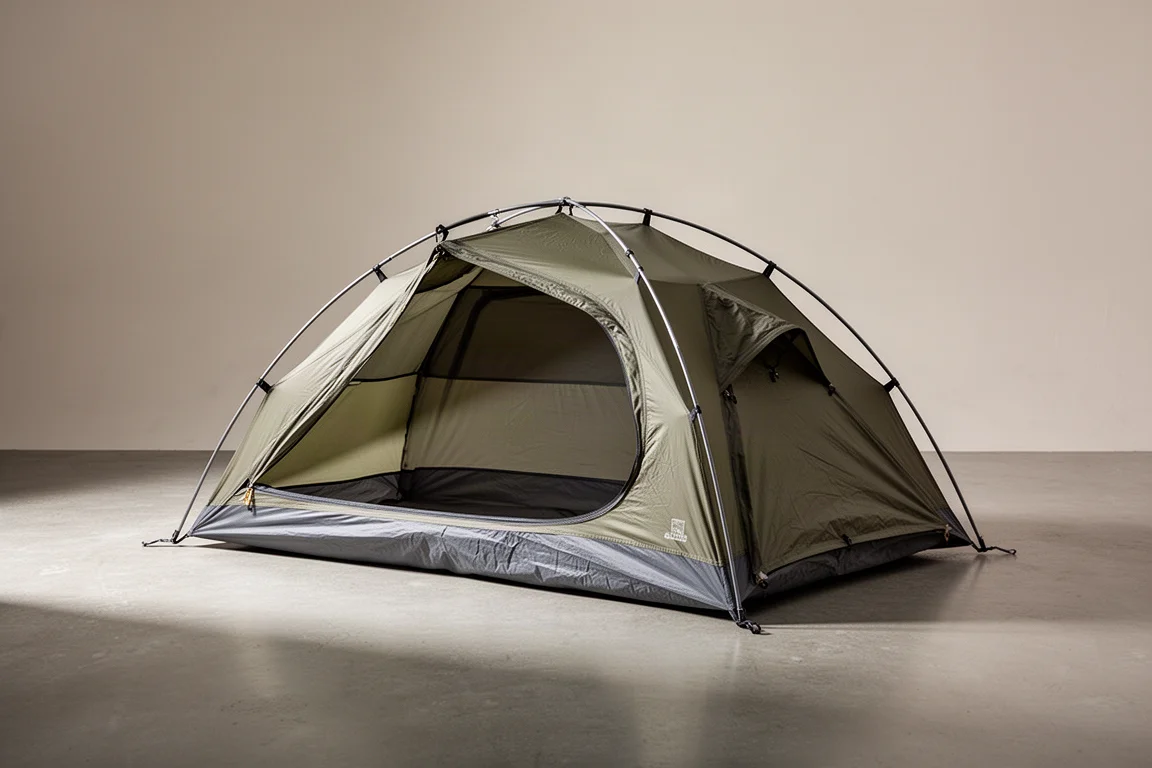 Tenda da backpacking monoposto compatta con struttura ad arco su superficie in cemento opaco