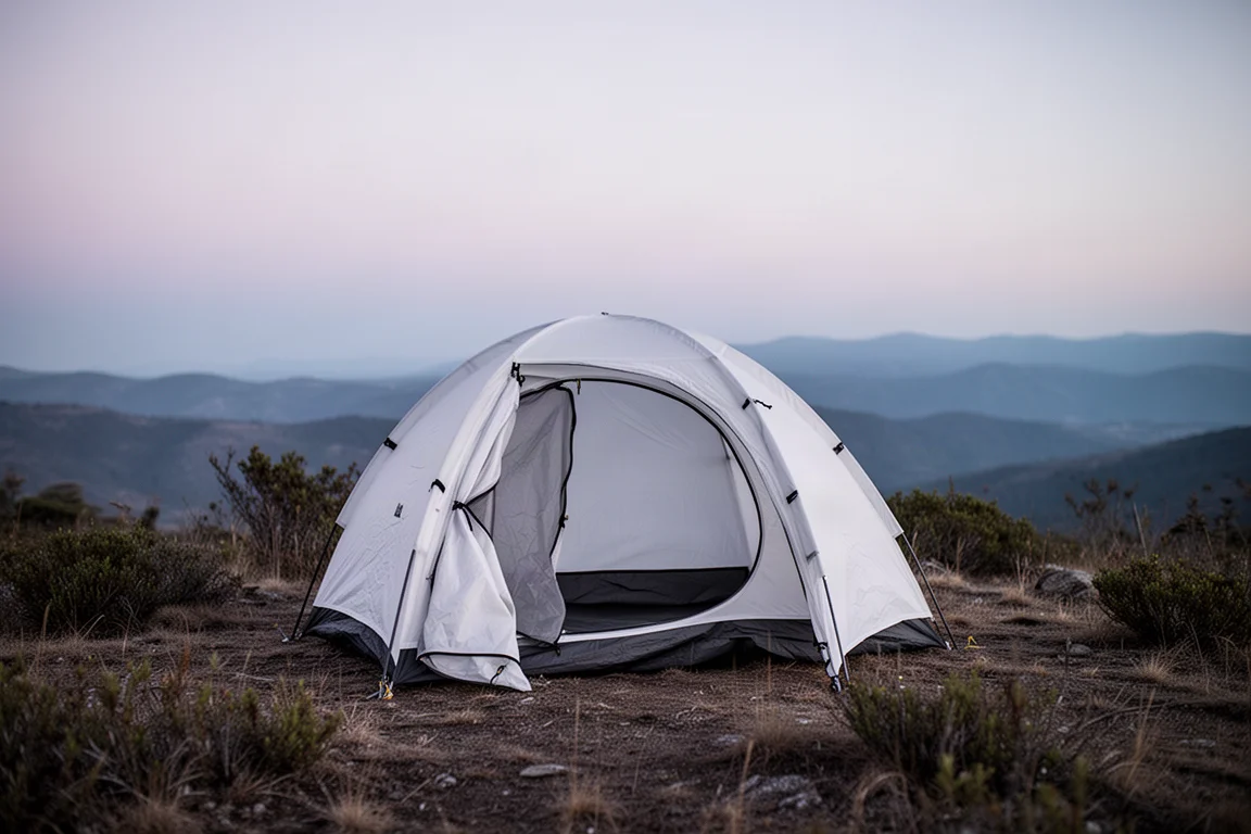 Barraca de trekking branca montada em uma crista ventosa ao anoitecer com as duas portas abertas
