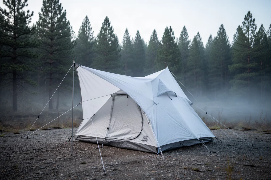 Tenda da trekking leggera bianca montata su una radura di ghiaia accanto a pini all'alba