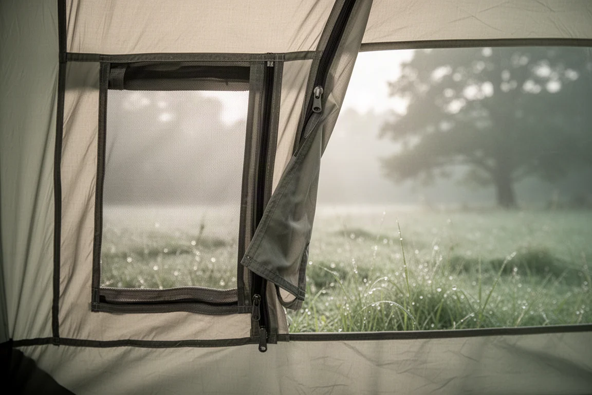 Primer plano de una ventana de malla con solapa de tela entreabierta bajo la luz de la mañana