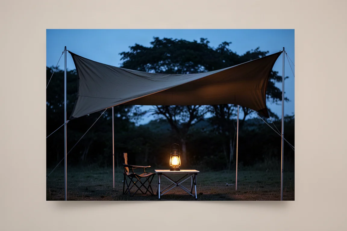 Toldo de tienda extendido con postes dando sombra a una mesa y sillas de camping