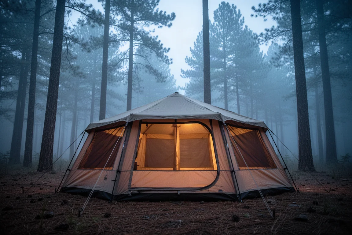 Large cabin-style camping tent glowing at dusk in a forest clearing