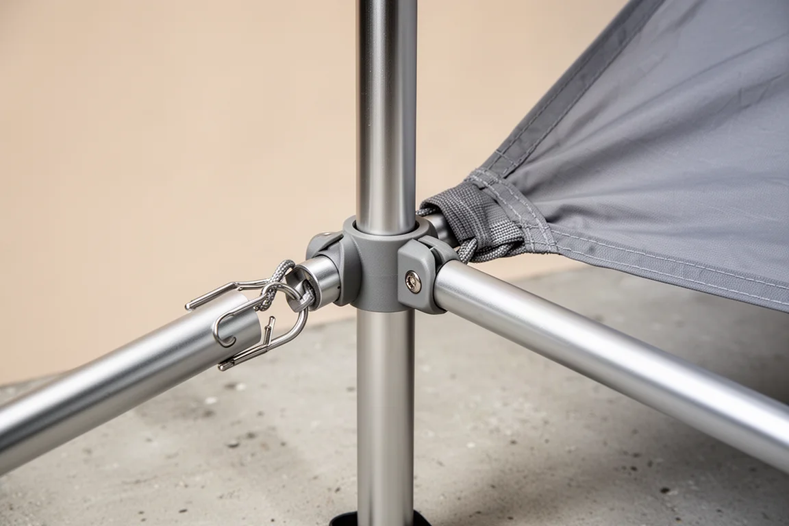Close-up of aluminum tent pole joints and clips on an instant setup frame