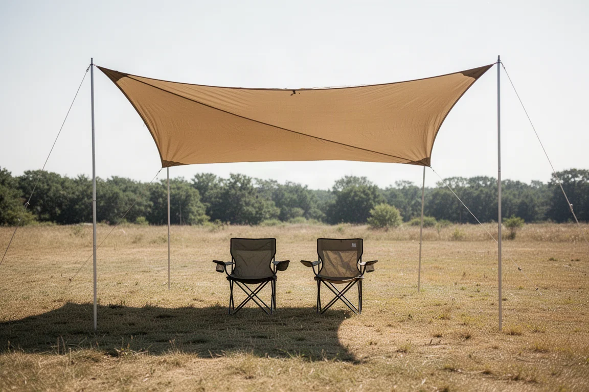 Open tent awning casting shade over two folding camp chairs on a sunny day