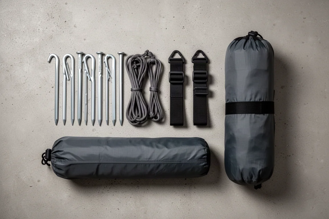 Overhead flat-lay of tent stakes, guy lines, and a packed tent bag on concrete