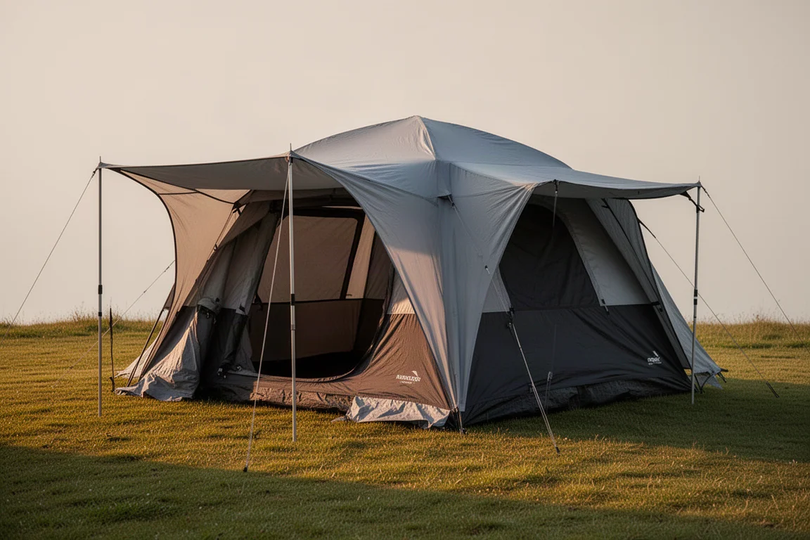 Large four-person instant-setup camping tent with full rainfly and open front awning on grass