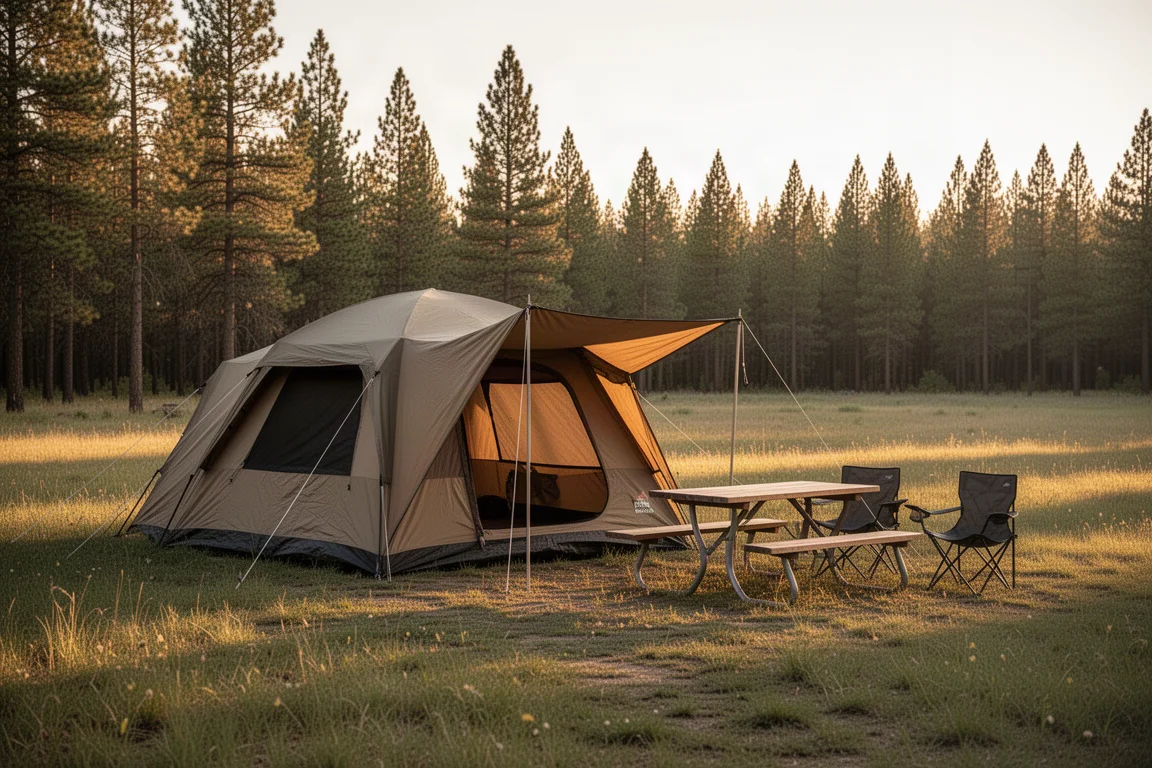 Großes Schnellaufbau-Campingzelt auf einer grasbewachsenen Lichtung zur goldenen Stunde
