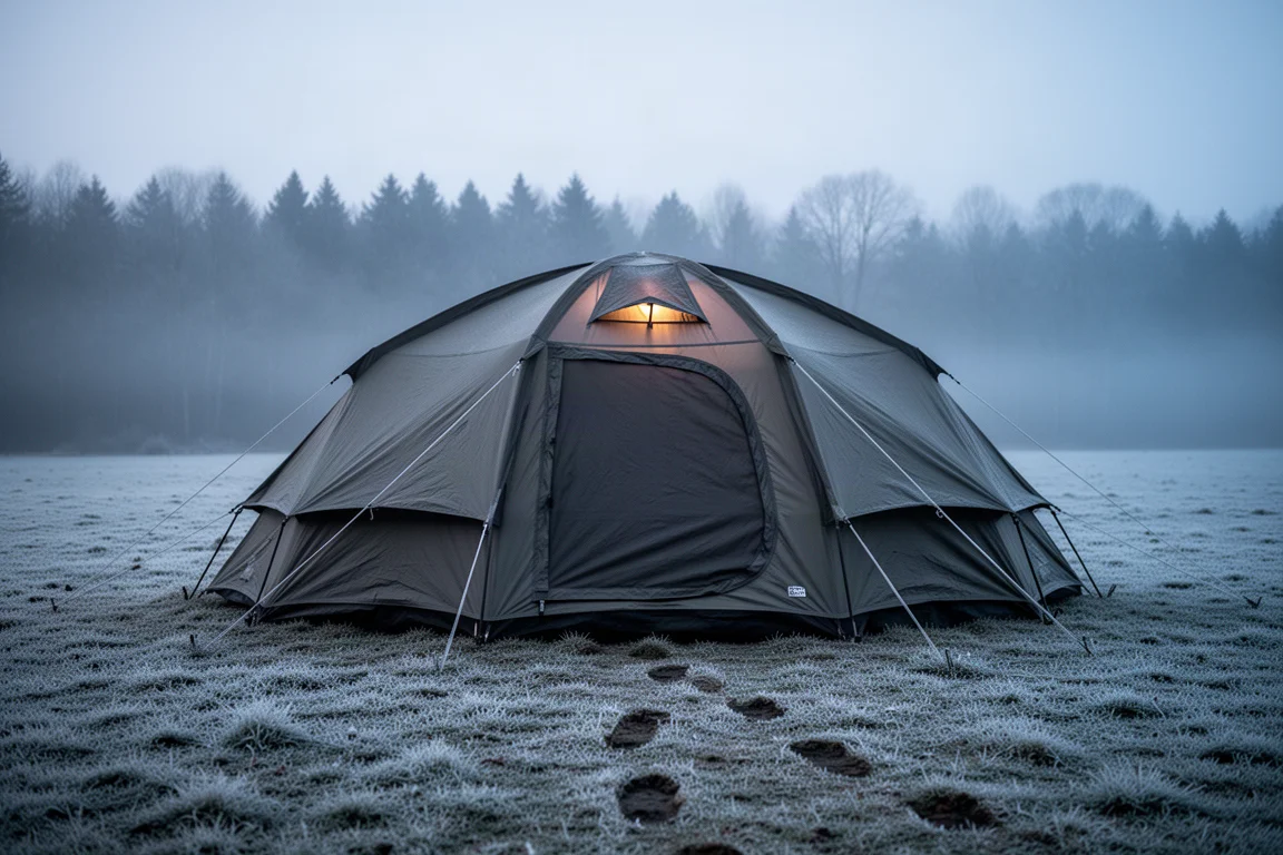 Frostbedeckter Campingplatz in der Dämmerung mit warmem Licht aus einem großen Zelt