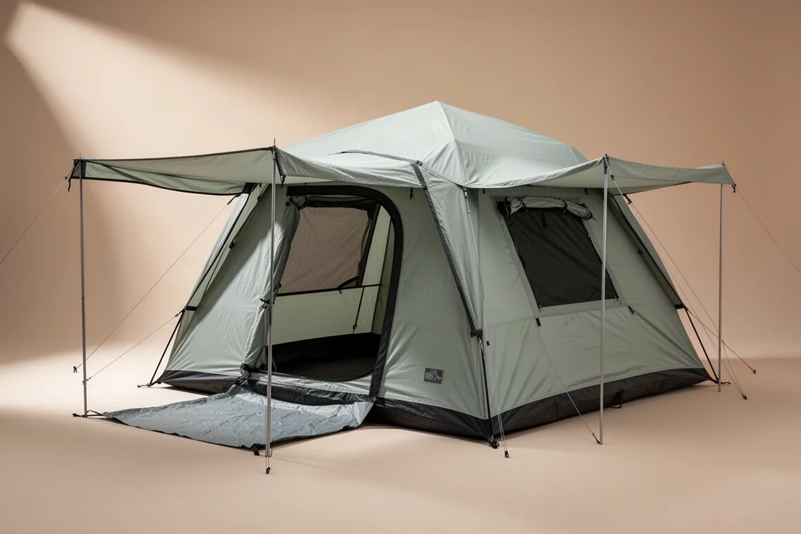 Large four-person instant-setup camping tent with double awning on a neutral backdrop