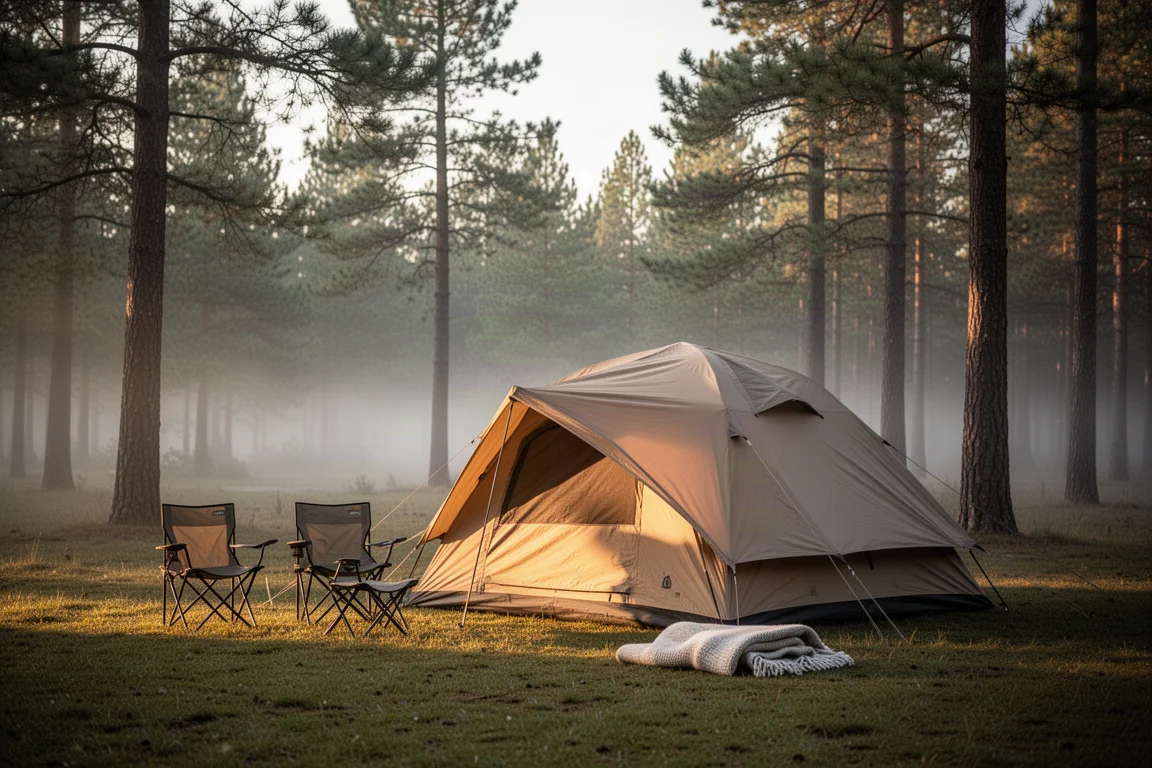 Tente cabane montée sur un emplacement de camping en forêt à l'heure dorée