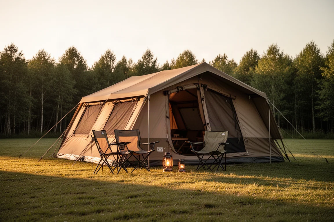 Large cabin tent pitched on grass at golden hour with camp chairs outside