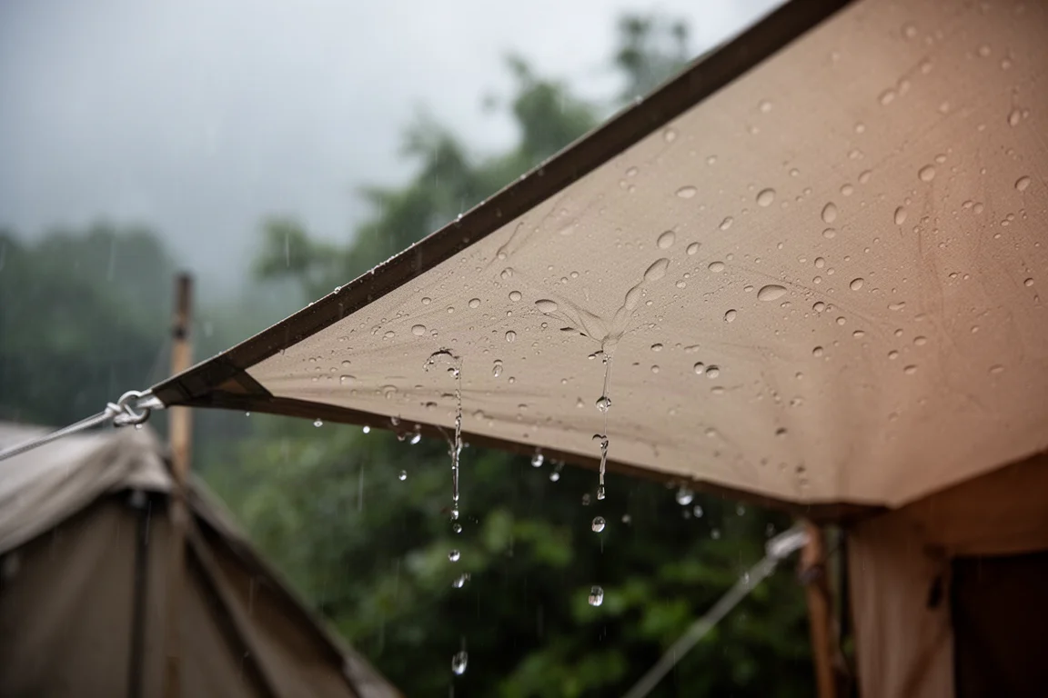 Rain beading and running down the taut rain fly of a tent