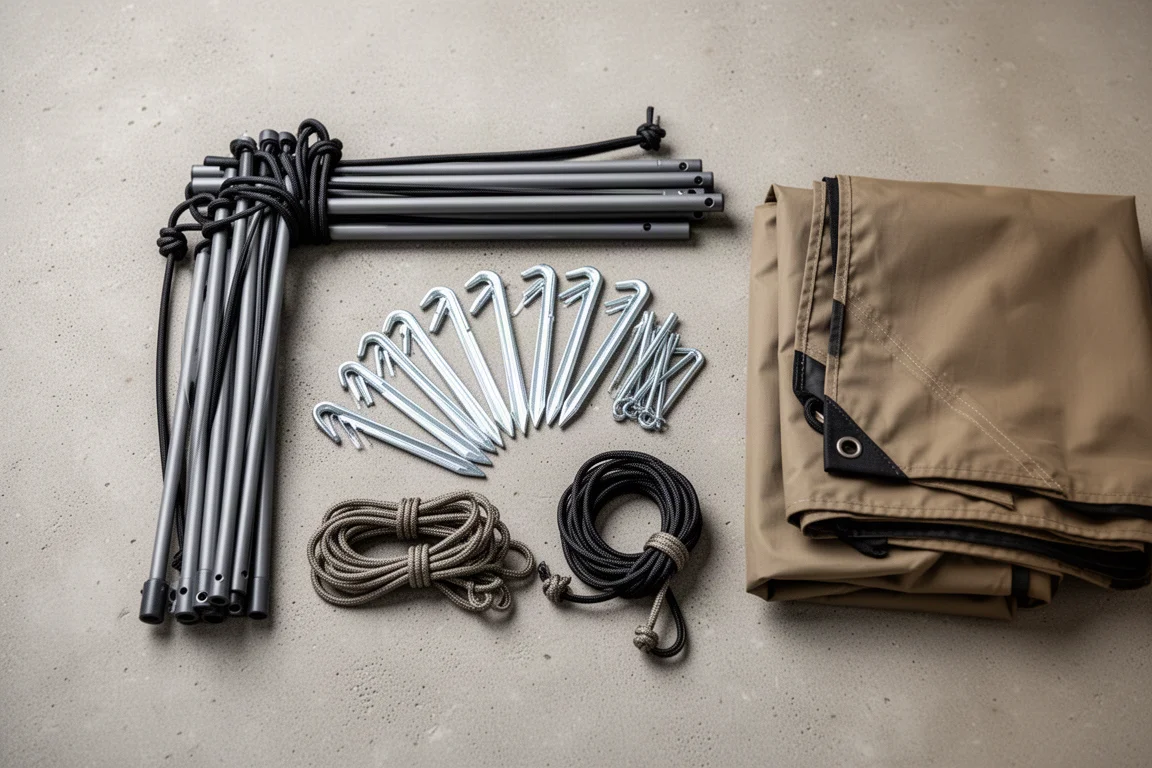 Overhead flat-lay of tent poles, pegs, guy lines and folded rain fly