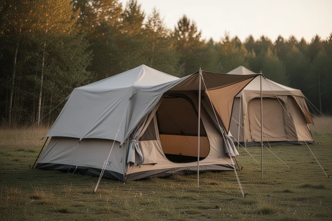 兩頂大型小屋式露營帳篷在黃金時刻搭在草地上