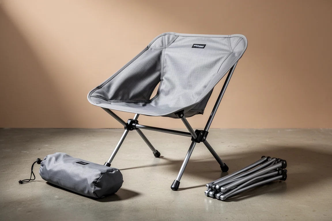 Compact folding camping chair with grey aluminum frame on a concrete surface