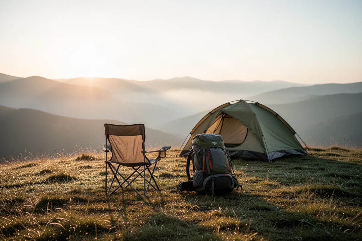 Silla de camping plegable guardada en su bolsa junto a los postes de aluminio desmontados sobre hormigón