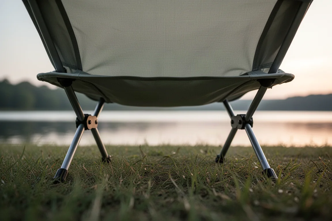 Silla de camping compacta atada al lateral de una mochila de senderismo en un sendero rocoso